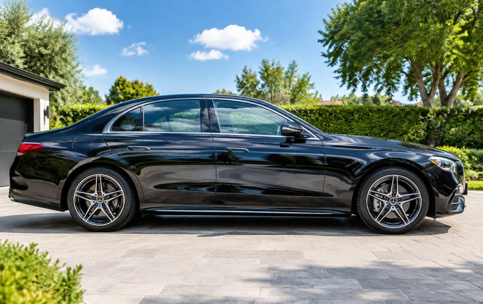 Black Mercedes saloon with mirror-finish paint in the sun